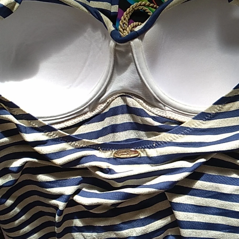 Jessica Simpson Blue/Gold Striped Tie Tankini Swim Top. Size Medium - Picture 10 of 12